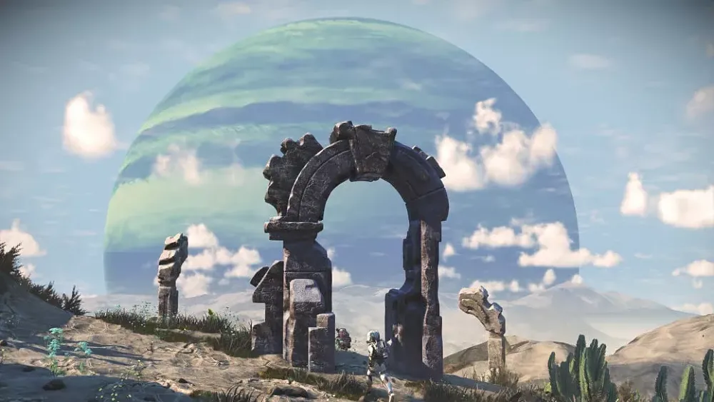 A crumbling alien archway on an alien planet focused on another planet, maybe a moon.