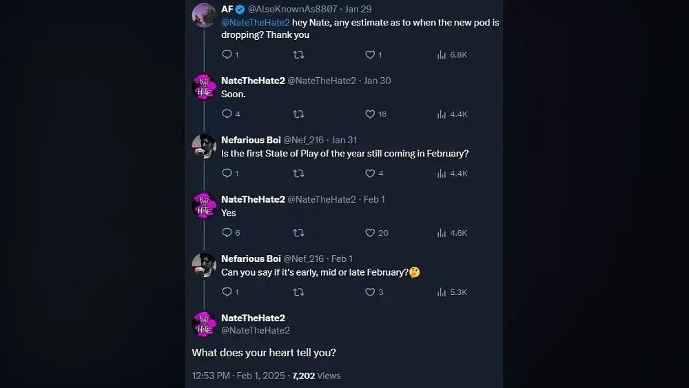 Twitter exchange that suggests a new PlayStation State of Play will be held some time during the week of Valentine's Day, anywhere from February 10th to the 14th.