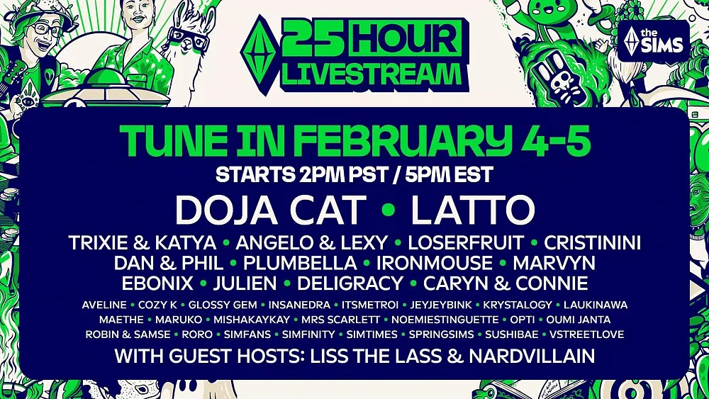 Image promoting a 25 hour livestream with multiple celebrity guests and influencer guests. All of this is for the 25th anniversary since the release of The Sims back in 2000.