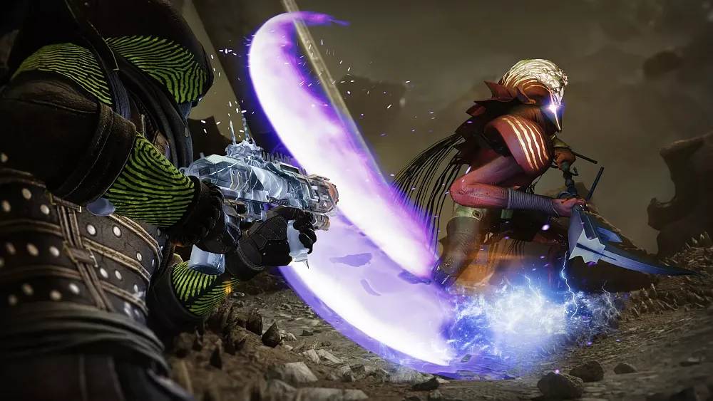 A character aiming a grenade launcher at another, possibly an enemy, holding a glaive type weapon with a purple trail behind it.