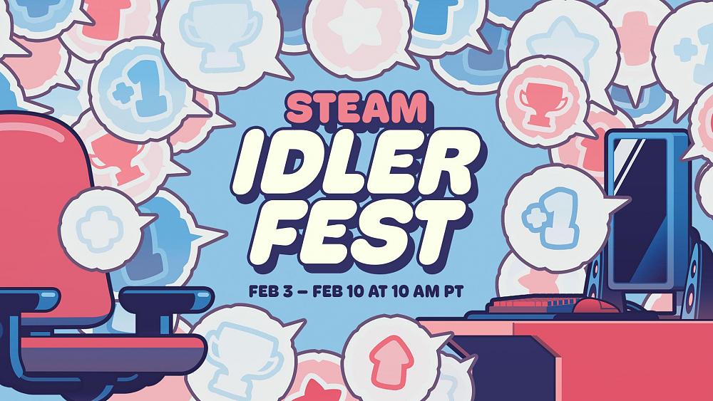 A promotional image for the Steam Idler Fest from February 3 - 10 at 10 AM PT. The visuals show various bubble notifications with different icons displayed that may be common to idler game types such as a +1, arrows pointing in different directions, trophies, and stars.