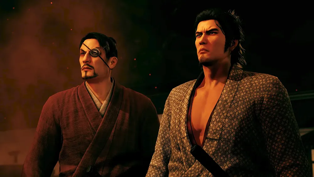 Two samurai stand side by side looking at something glowing out of frame to the left.