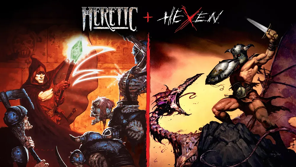 Key art showing the old covers for both Heretic, on the left, and Hexen, on the right.