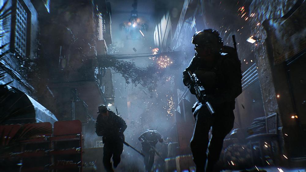 A few soldiers running down an alley as a helicopter chases them firing its weapons.