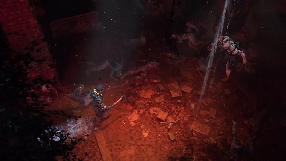 Overhead view of a man about to engage in battle with a big, strong zombie in a red tinted room littered with bodies.