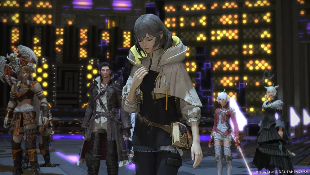 A group of warriors of different professions standing in a room surrounded by a bunch of background lights.