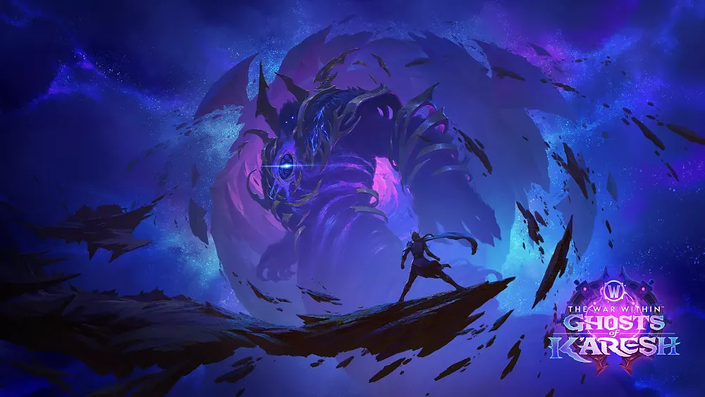 A warrior on a floating purple island facing off against a giant purple void demon floating in the background. The War Within - Ghosts of K'aresh logo seen in the bottom right.