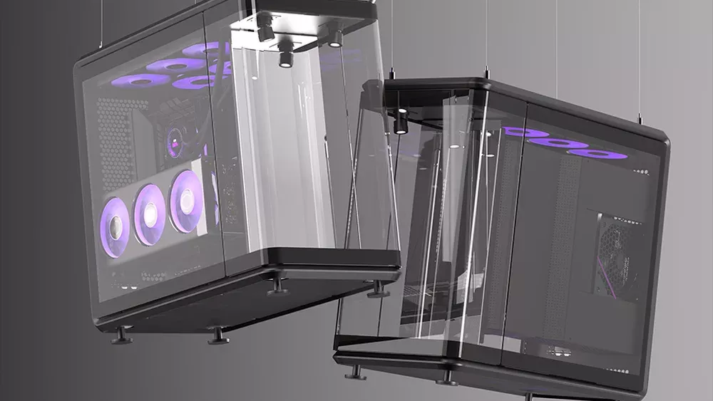 Two pre-built gaming PCs suspended in air by wires.