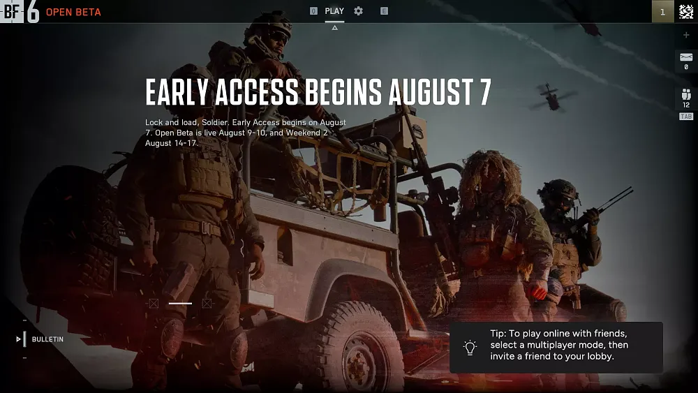 The main menu for the Battlefield 6 open beta.