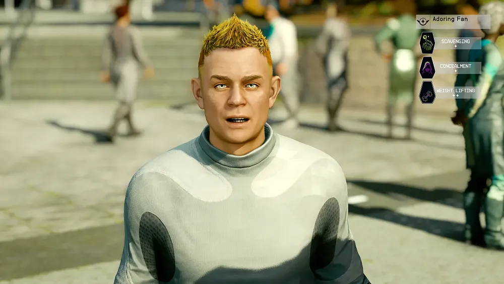 Screenshot of the Adoring Fan character from Starfield.