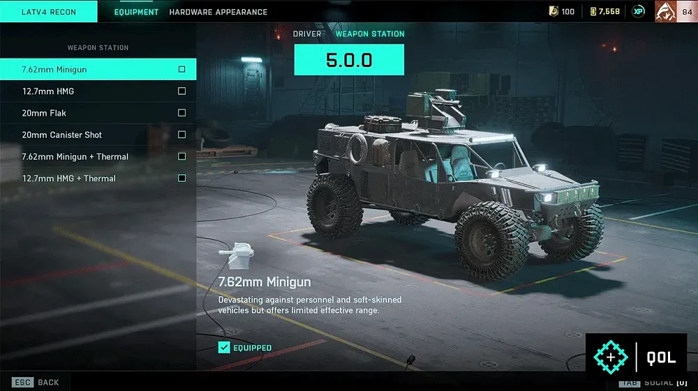 Screenshot showing loadout options for the LAT4 Recon vehicle in Battlefield 4 for Season 5.