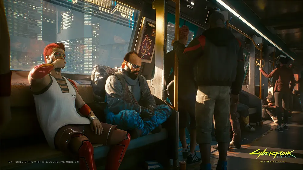 Screenshot showing characters riding the metro in Cyberpunk 2077.
