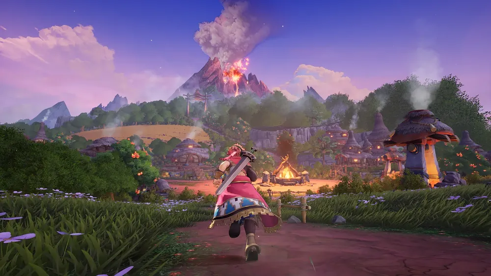 A character running through a lush environment towards a distant volcano.