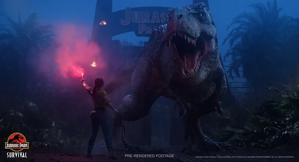 A person holding a flare to catch the attention of a T-Rex.