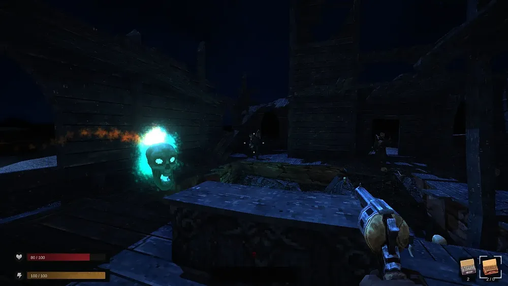 Screenshot  with a ghostly flying skull, and a person holding a revolver, all set in a haunted Wild West location.