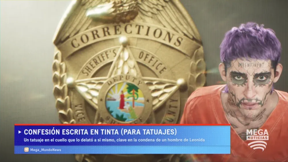 A virtual criminal with face tattoos and purple hair.