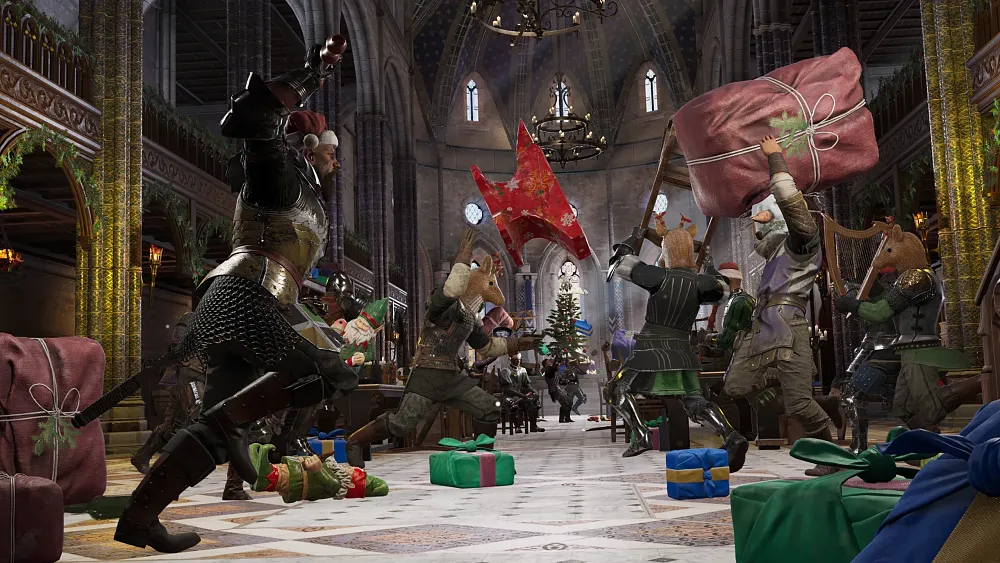 Medieval soldiers fighting each other decked out in a lot of Christmas and holiday gear.