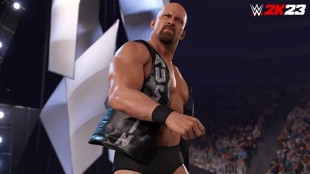 Screenshot of a wrestling game. The person in the image is bald and angry. He is walking to the right with a crowd of fans in the background.