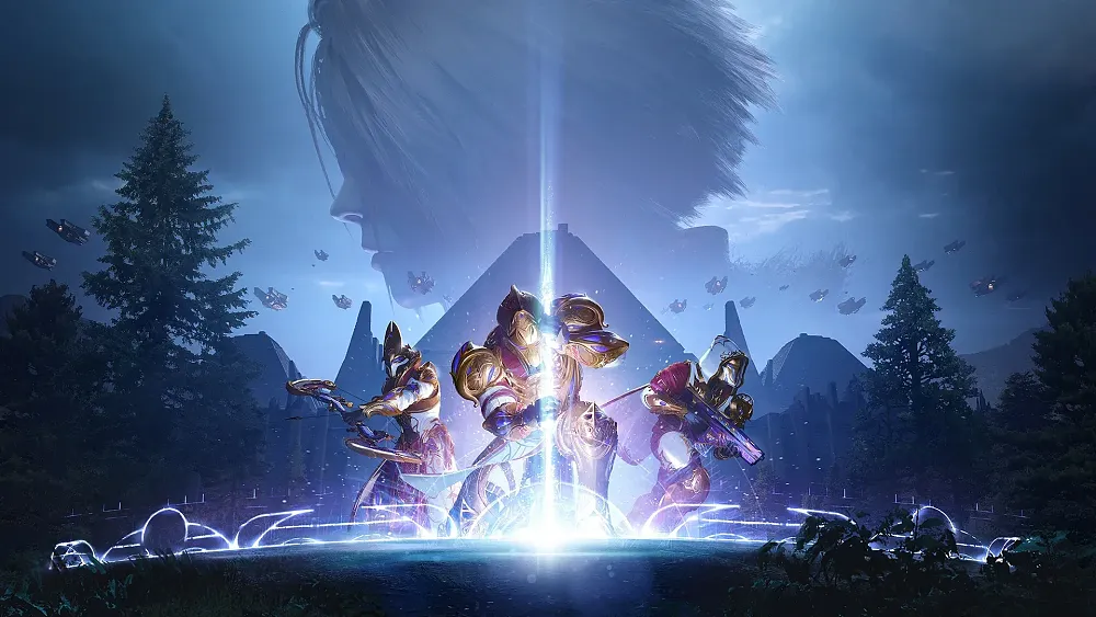 Three sci-fi armored people standing inside a glowing ring. One is driving a beam of light into the ground. One is holding a bow. One is holding a purple assault rifle-looking weapon. There is a side profile of a blonde haired woman looming large in the background. A number of ships are flying in the sky area.