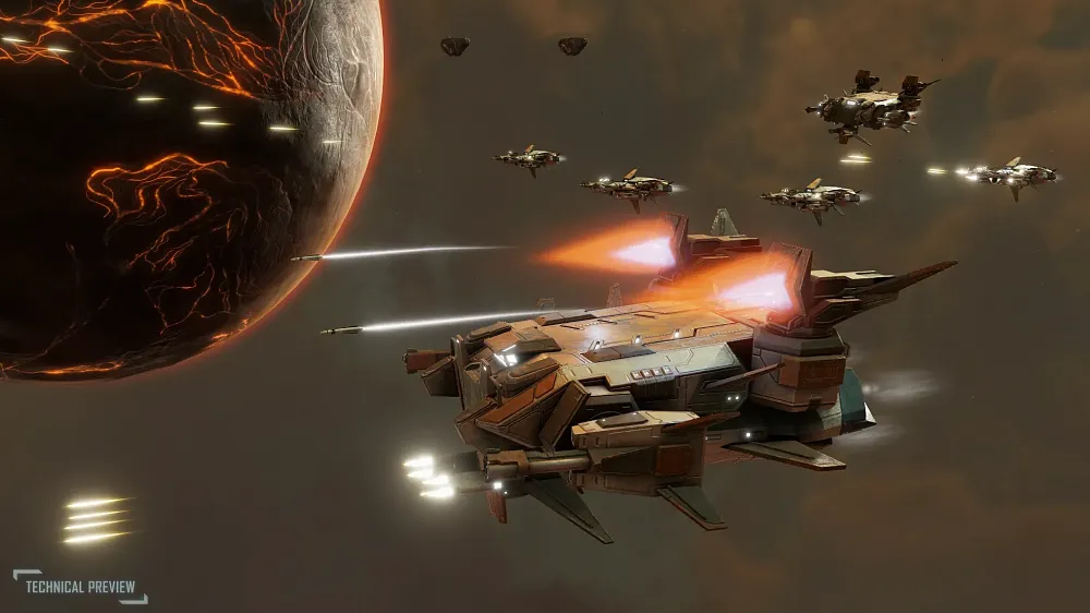 Sci-fi spaceships of all sizes engaging in a battle against foes off screen. They are flying near a planet that looks like it has lines of lava flowing through grey rock.