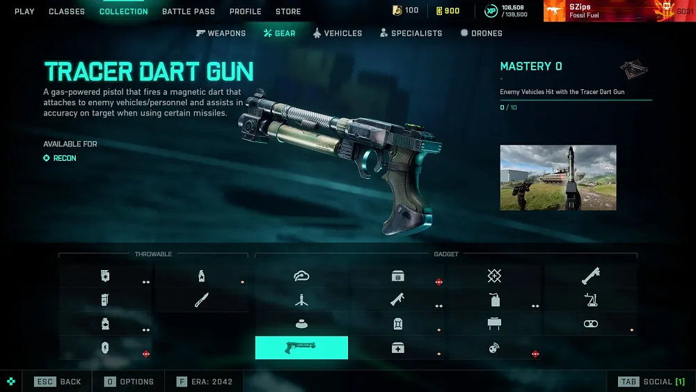 Image showing a tracer dart gun from Battlefield 2042's loadout menu.