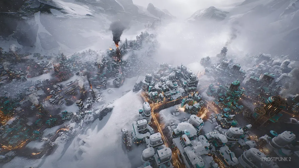 Isometric view of a city surrounded by snow.