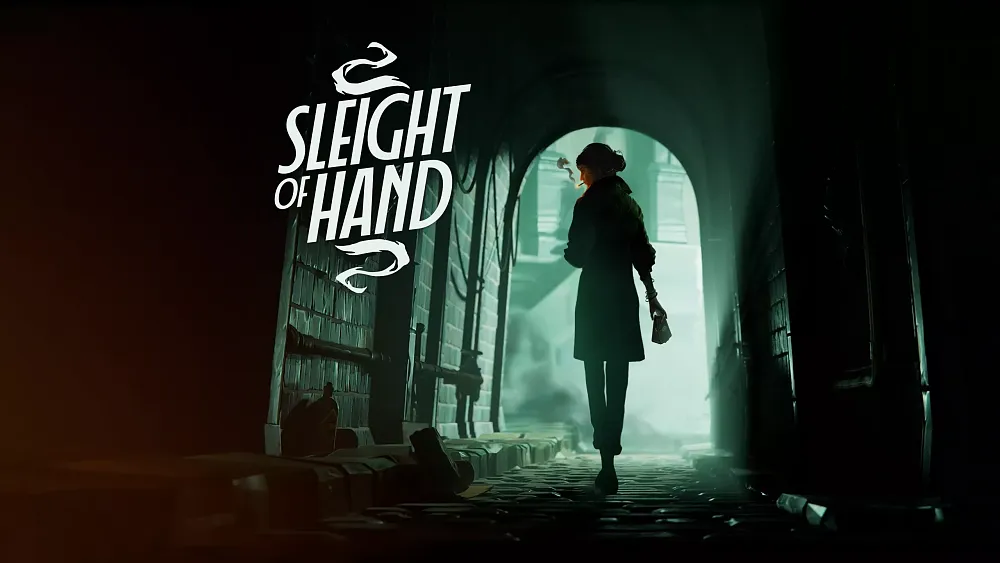 Title "Sleight of Hand" with a woman bathed in shadow walking away from the camera through a dimly lit tunnel.