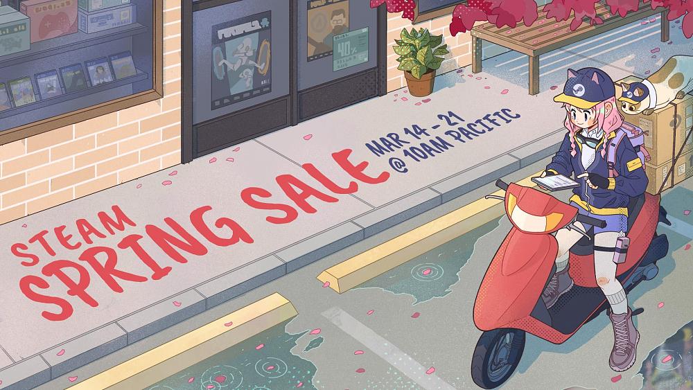 Words: Steam Spring Sale. March 14-21 at 10AM Pacific. A girl on a scooter with some packages on the back and a cat and it looks like she's delivering Steam Decks and games to buildings.