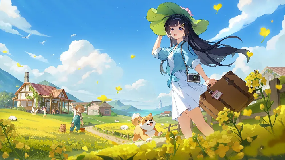 An anime style girl in a dress arriving on a cozy island. A corgi pup is happily running at her as a farmer and others wave at her in the distance. The image is for Starsand Island.