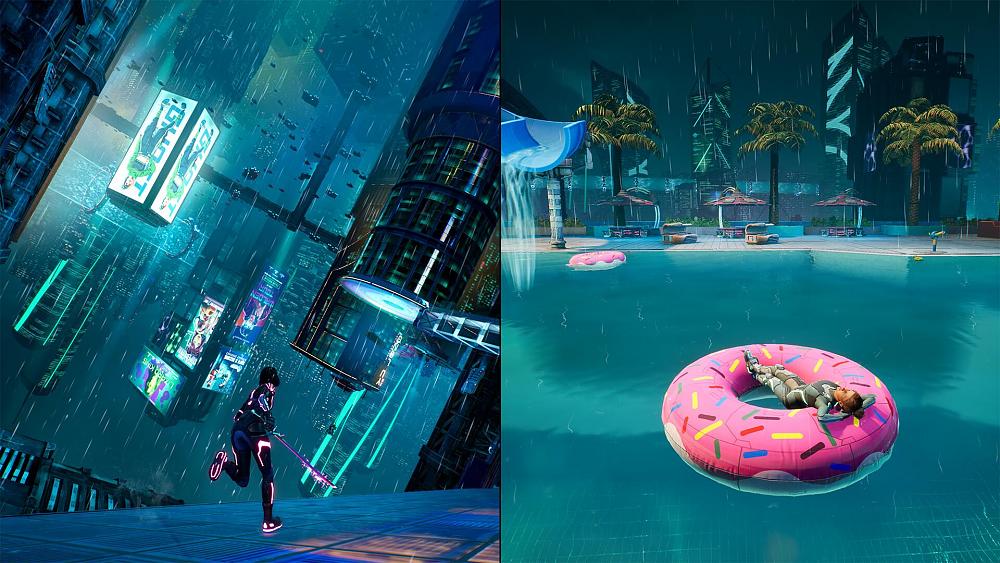 A split-screen view with a player on either side of the screen. The person on the left seems to be running on a wall while the person on the right is lounging in a big pool on a big innertube that looks like a donut with pink icing.