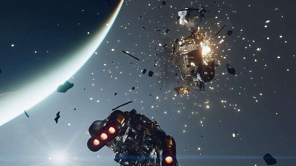 One spaceship blowing up another spaceship in space.