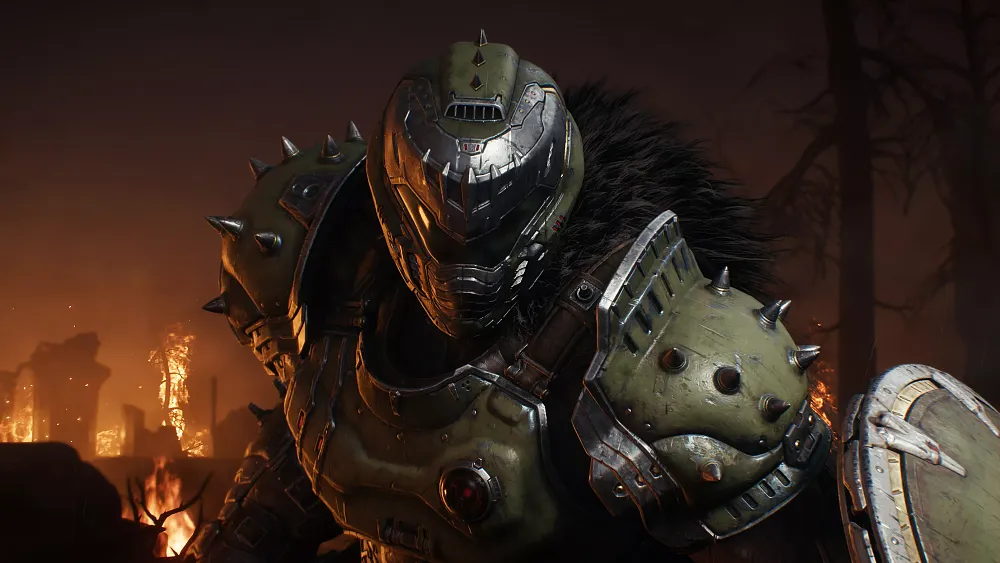 The DOOM Slayer looking at the camera from DOOM: The Dark Ages.
