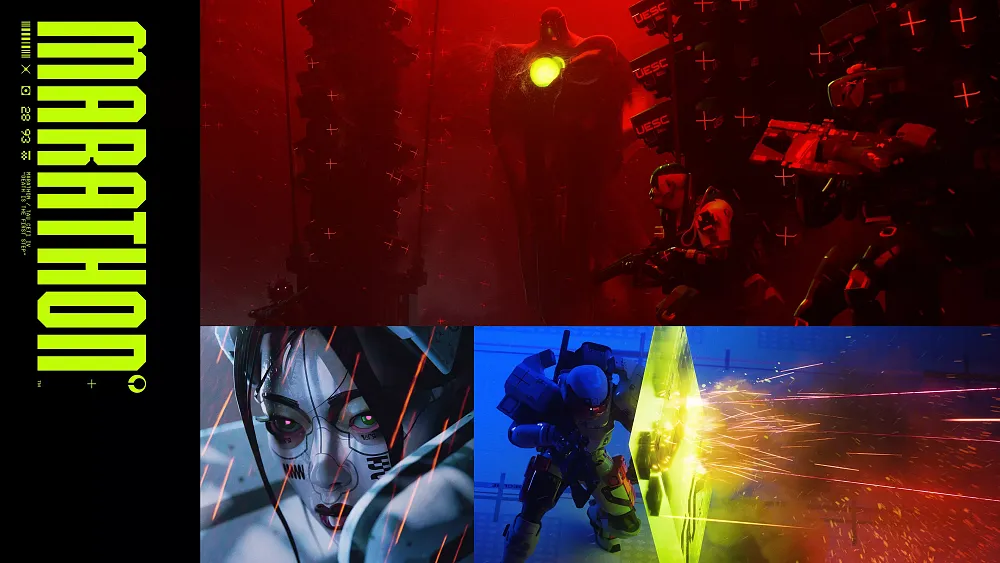 Art for the video game "Marathon," featuring bold, vertical neon-green typography on the left alongside a montage of three intense sci-fi scenes depicting cyborgs, atmospheric environments, and combat action.