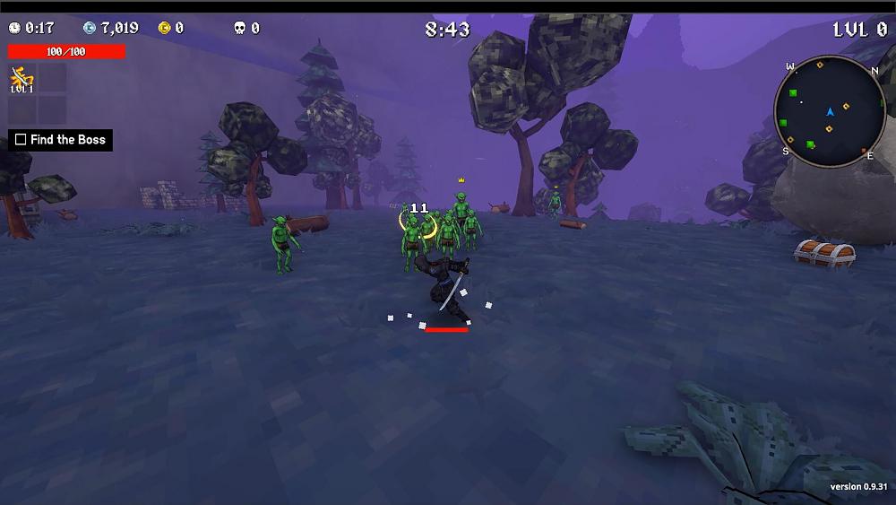 A screenshot from Megabonk showing a ninja with a sword running around evil goblins.
