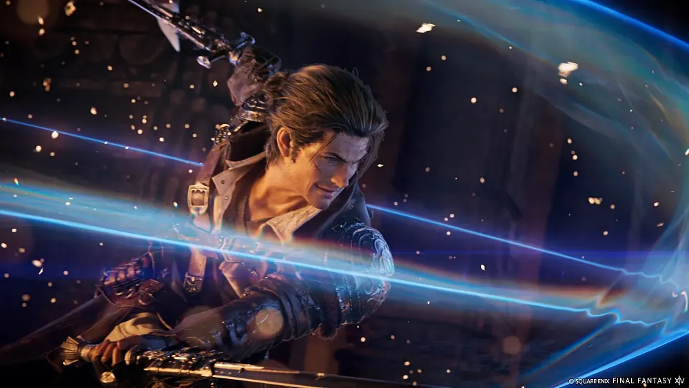 A dual-wielding character with two swords strikes an action pose