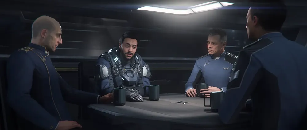 A group of four people sitting around a table on a spaceship, talking about