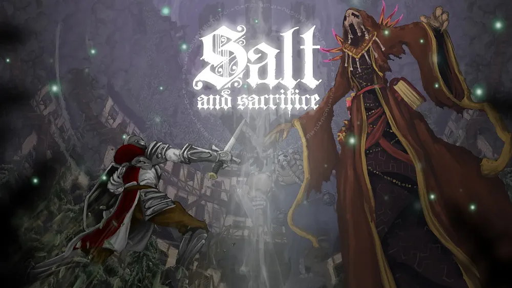 Text: Salt and Sacrifice. Image shows a knight character taking on a very tall monster like foe.