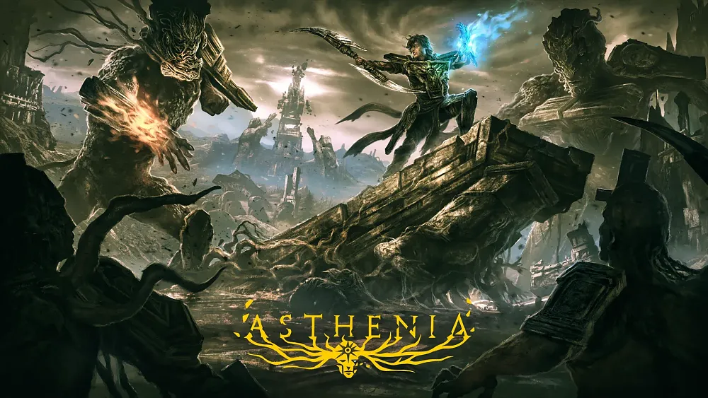 Dramatic fantasy artwork with a figure holding a bladed weapon and magic, battling large monsters in a ruined, desolate landscape. The title "ASTHENIA" is featured at the bottom.