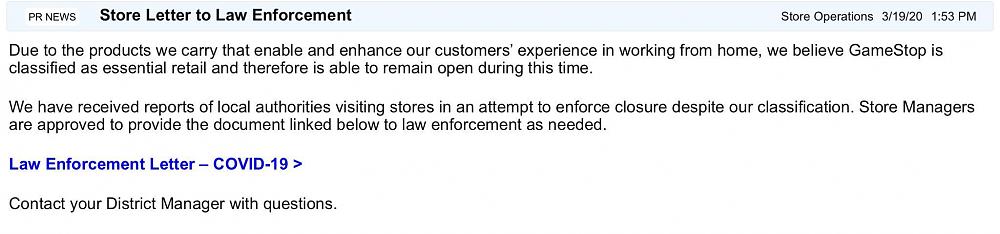 GameStop Covid-19 response