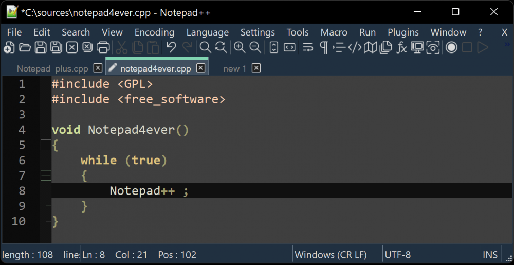 A screenshot of the text and code editor, Notepad++.