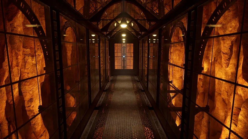 Screenshot of an interior walkway from the Riven remake.