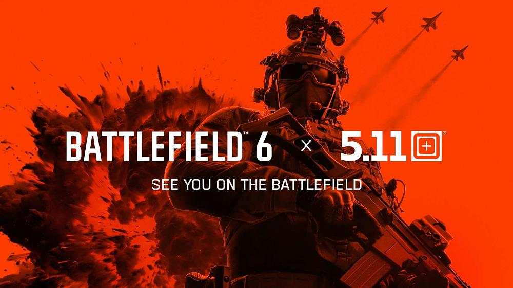 Promo art announcing a partnership between Battlefield 6 and 5.11 Tactical apparel.