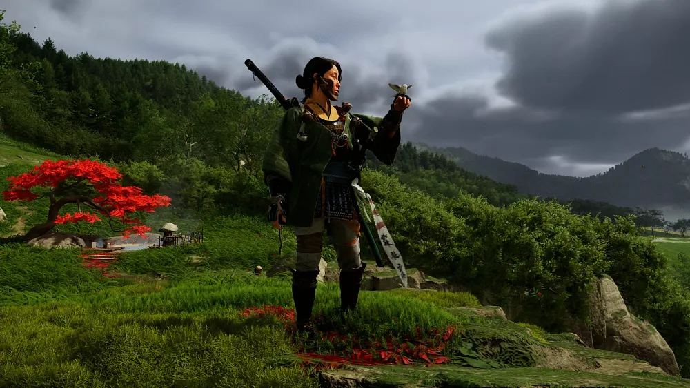 Image showing Atsu from Ghost of Yotei in full armor and gear with a bird resting on her hand.