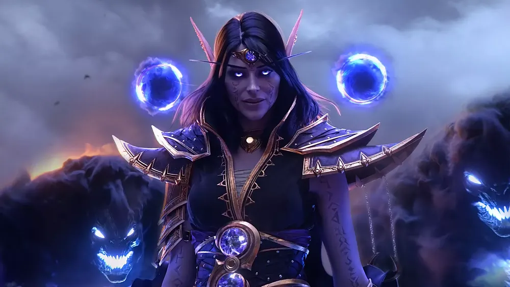 A fantasy character from World of Warcraft: Midnight. She is blue-ish purple with floating blue orbs around her. Her eyes are glowing the same color.