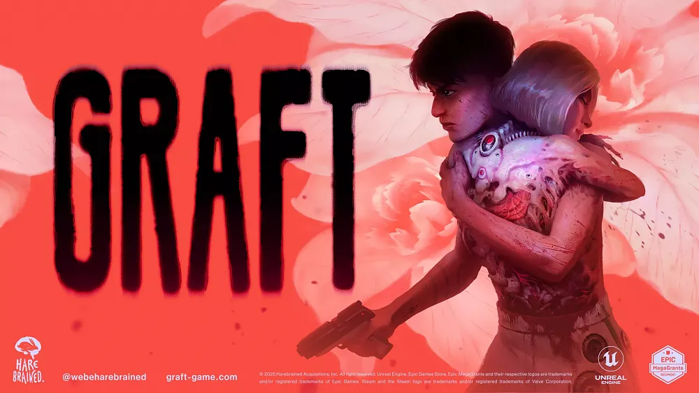 The image is a key art graphic for the game GRAFT, featuring a young man holding a woman with a visible organic affliction, set against a dramatic red and floral background, and includes logos for Harebrained Acquisitions and Unreal Engine.