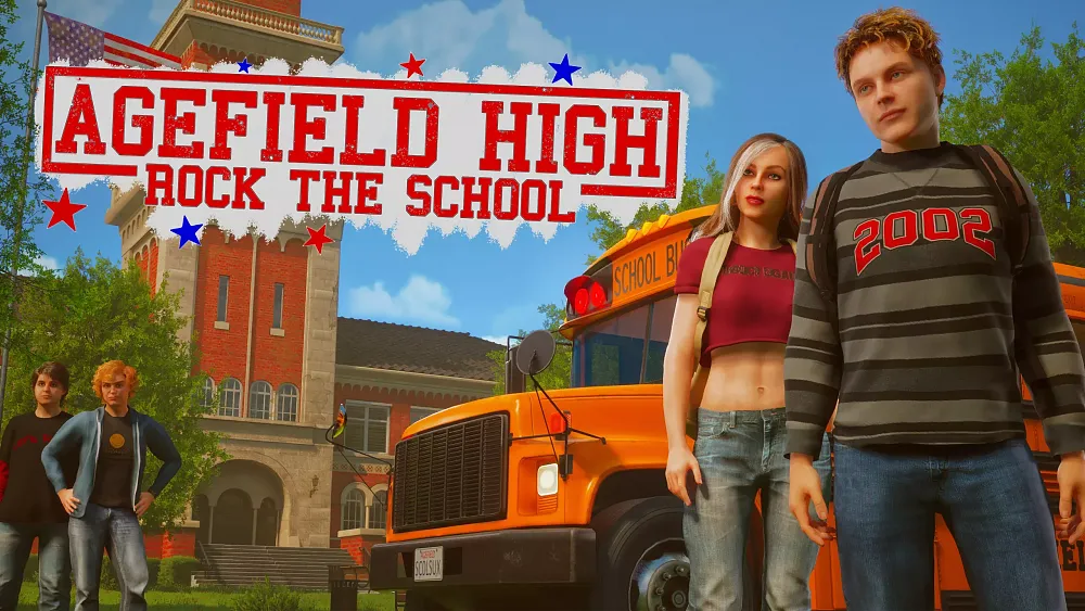 The game title and a scene of several different high school students standing in front of their school.
