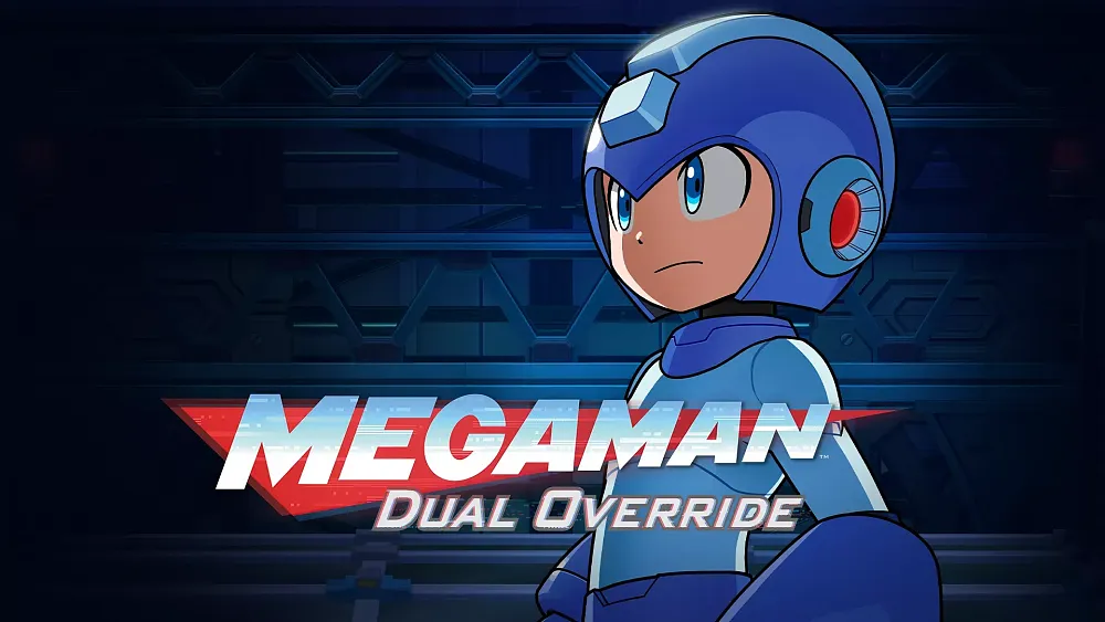 Art of Mega Man in his blue armor and the title, Mega Man: Override.
