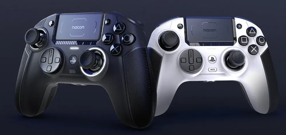 One black and one white PlayStation 5 controllers.