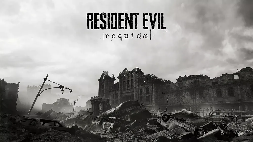 A city devasted by a large explosion, with the title Resident Evil Requiem at the top of the image.