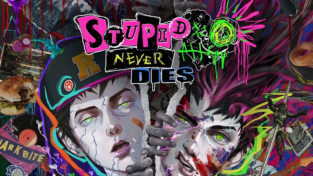 Key artwork with plenty of bright, neon graffiti-style art and tags. The two main protagonists, a zombie guy and normal human girl, are seen with their faces smooshed together in the center.